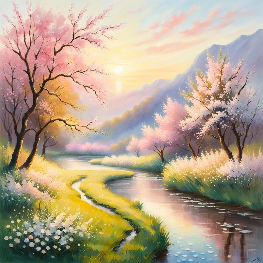 Blossom Trees in Valley at Sunrise: Impressionist Oil Painti...