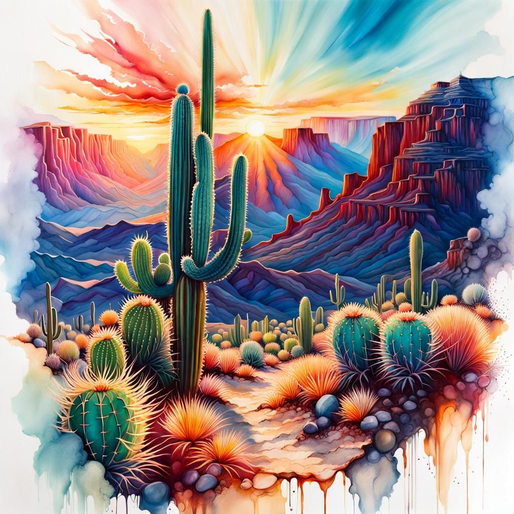 Vibrant Desert Canyon Sunset in Alcohol Ink Style