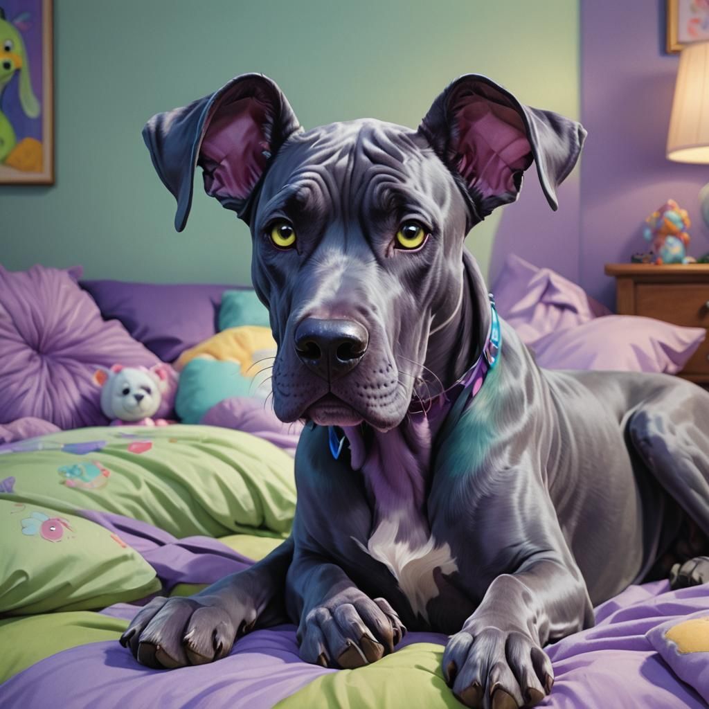Adorable Cartoon Great Dane Monster in Bedroom