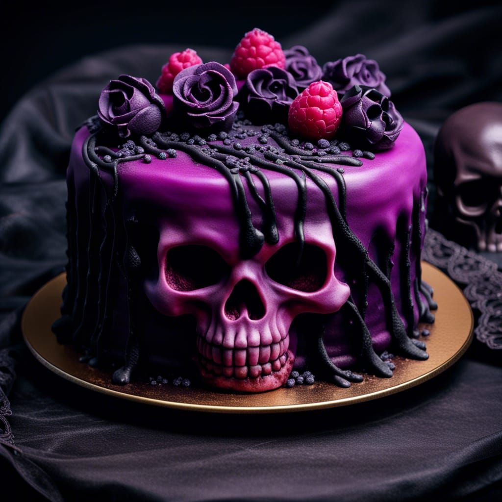 Skull Cake with Black and Purple Goth Icing