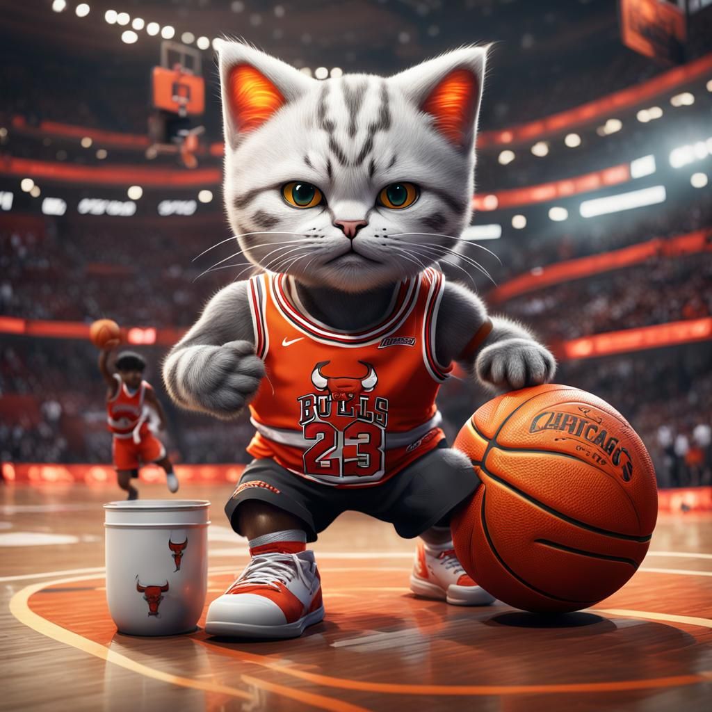 Kitten as Lebron James Dunking Basketball, Digital Art
