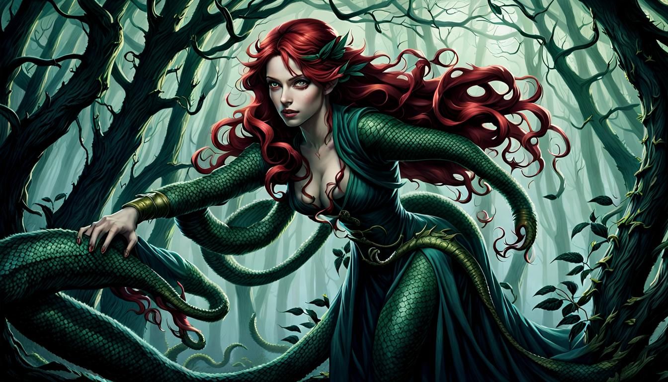 Mysterious Lamia Emerges from Shadowy Forest in Epic Digital...