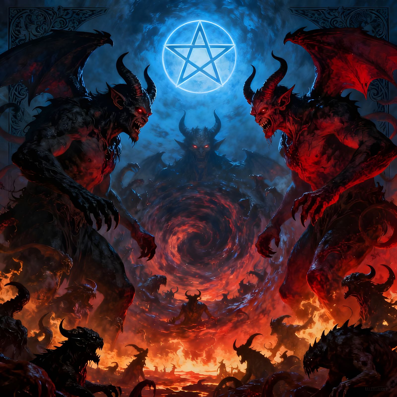 Three Demons in Hellish Vortex, Eerie Horror Style