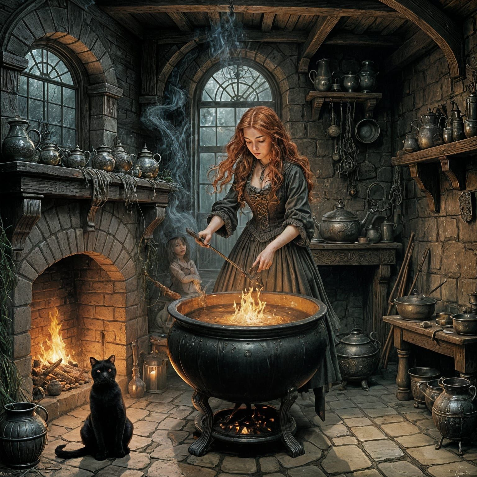 Young Witch Brews Magic in a Gothic Cottage
