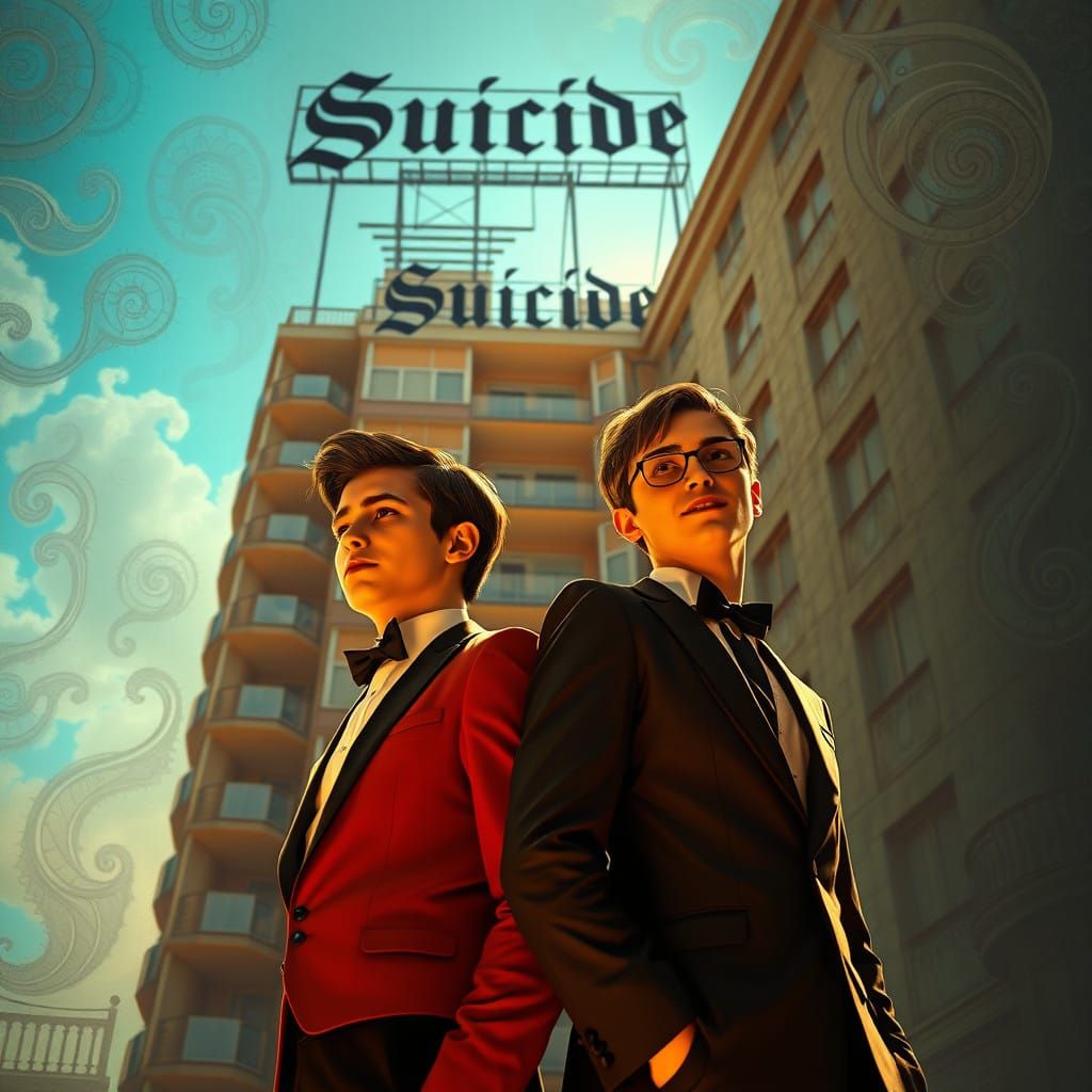 Siblings Embracing in Vibrant, Surreal Cityscape with Gothic...