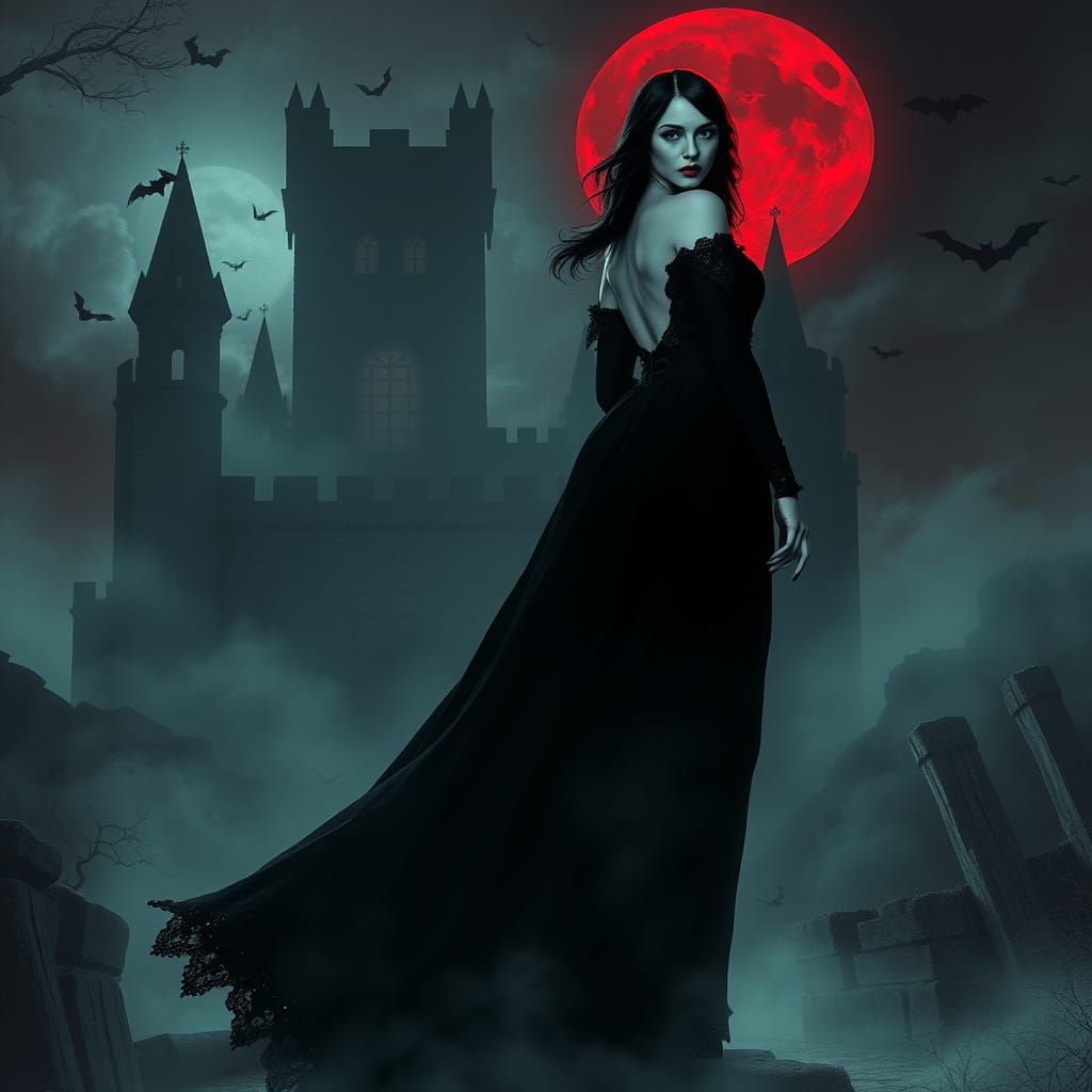 Elegant Vampire Silhouette Against Blood Moon