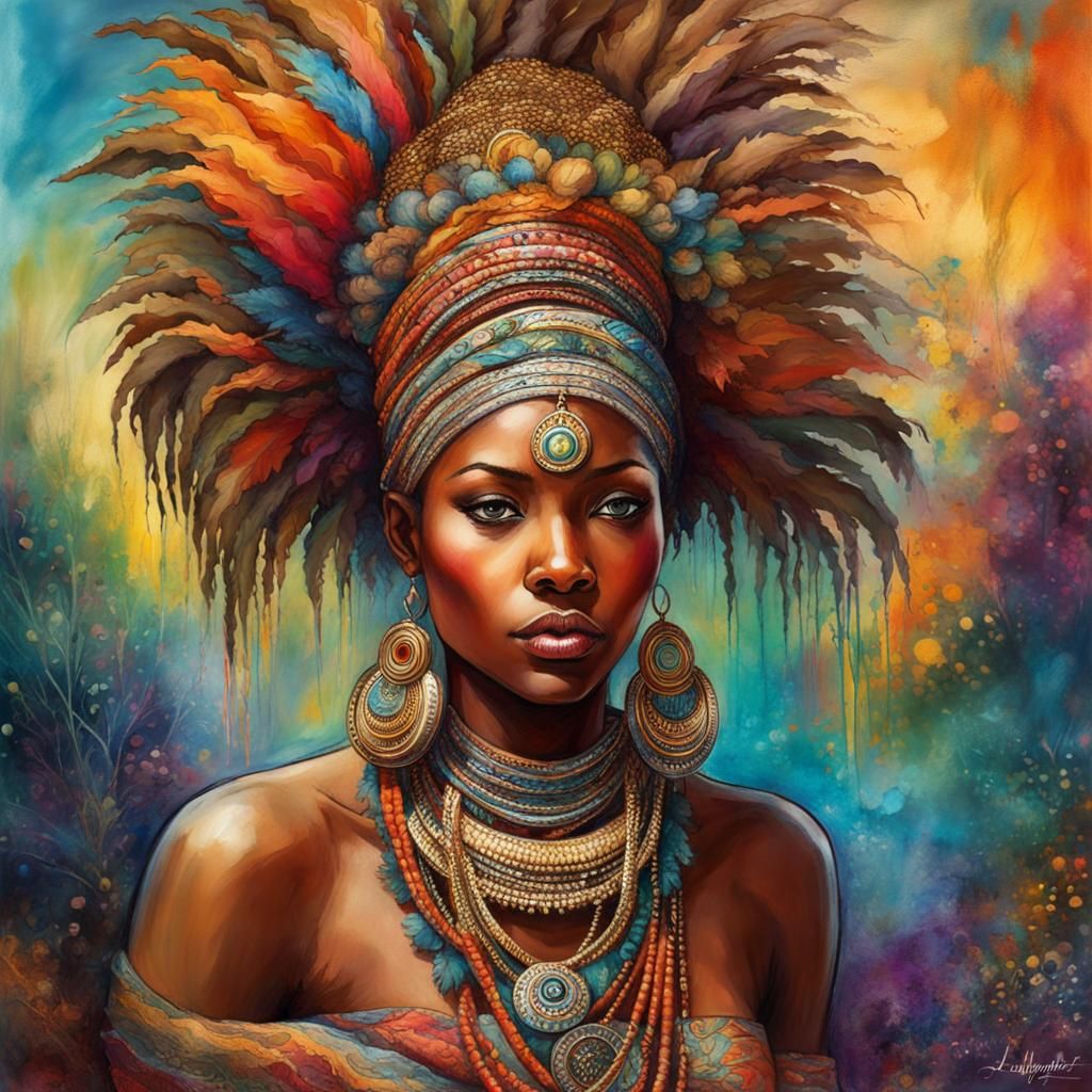 African Tribal Woman in Watercolor Style