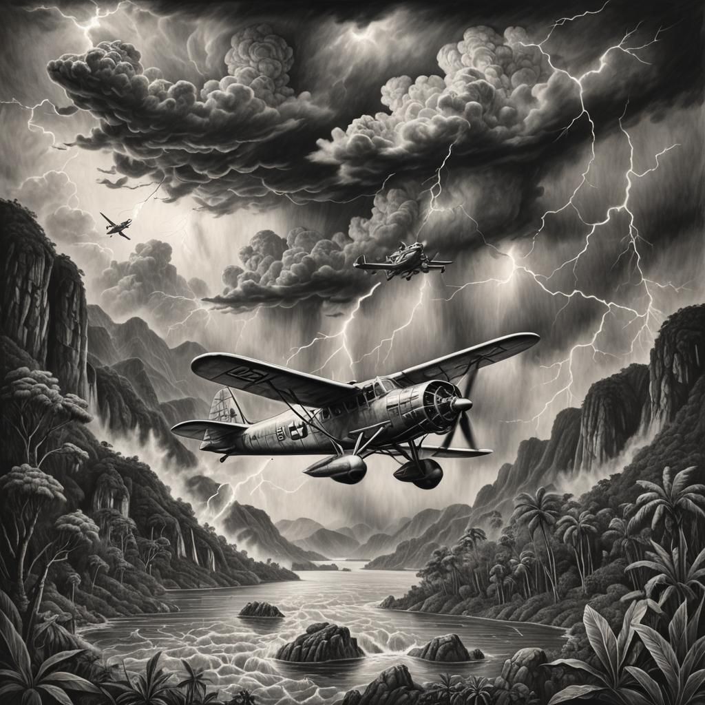 Vintage Plane Soaring Through Storm: Charcoal Drawing