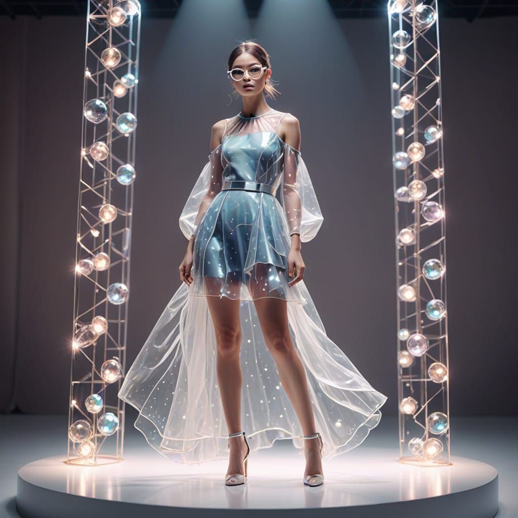 Glamorous Girl in Elegant White Glasses on a Chic Catwalk