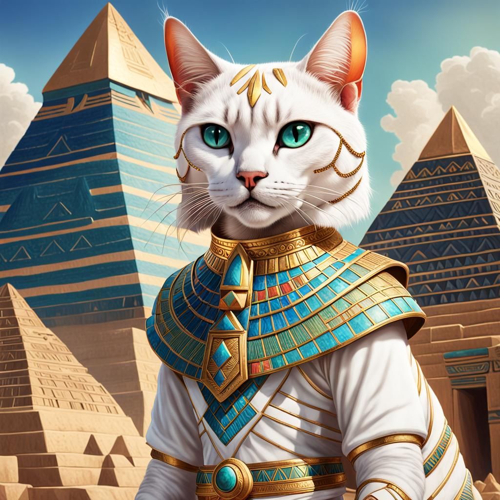 Egyptian Queen Cat in Front of Pyramid, Hyperrealistic Art