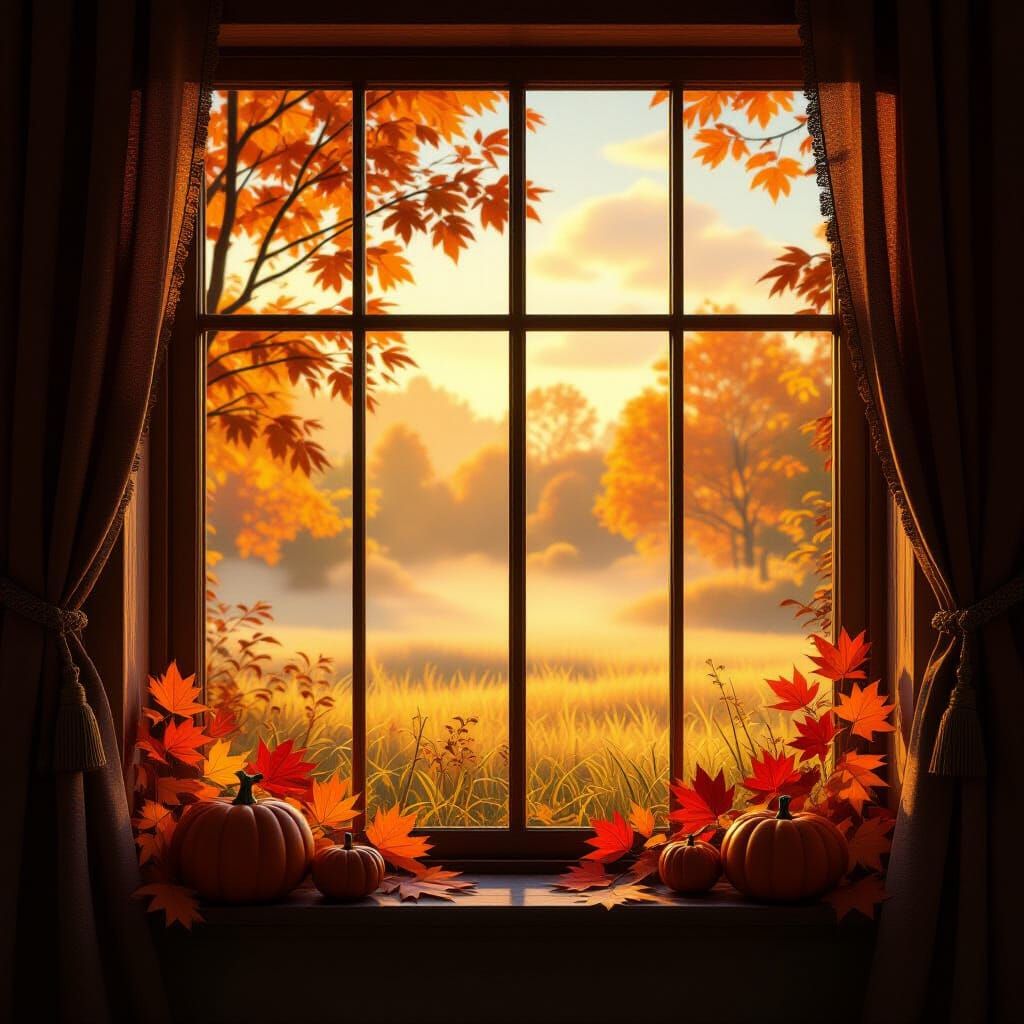 Autumn Morning Window Scene in Pixar Style