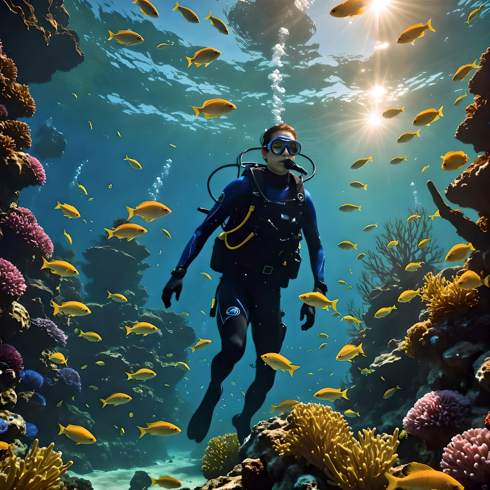 Underwater Scuba Divers in a Fantastical Deep Sea