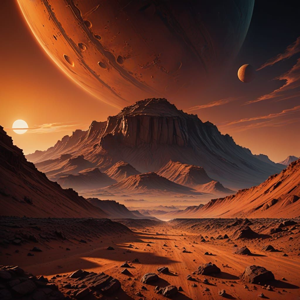 Surreal, Low-Angle Oil Painting of the Ancient Face on Mars