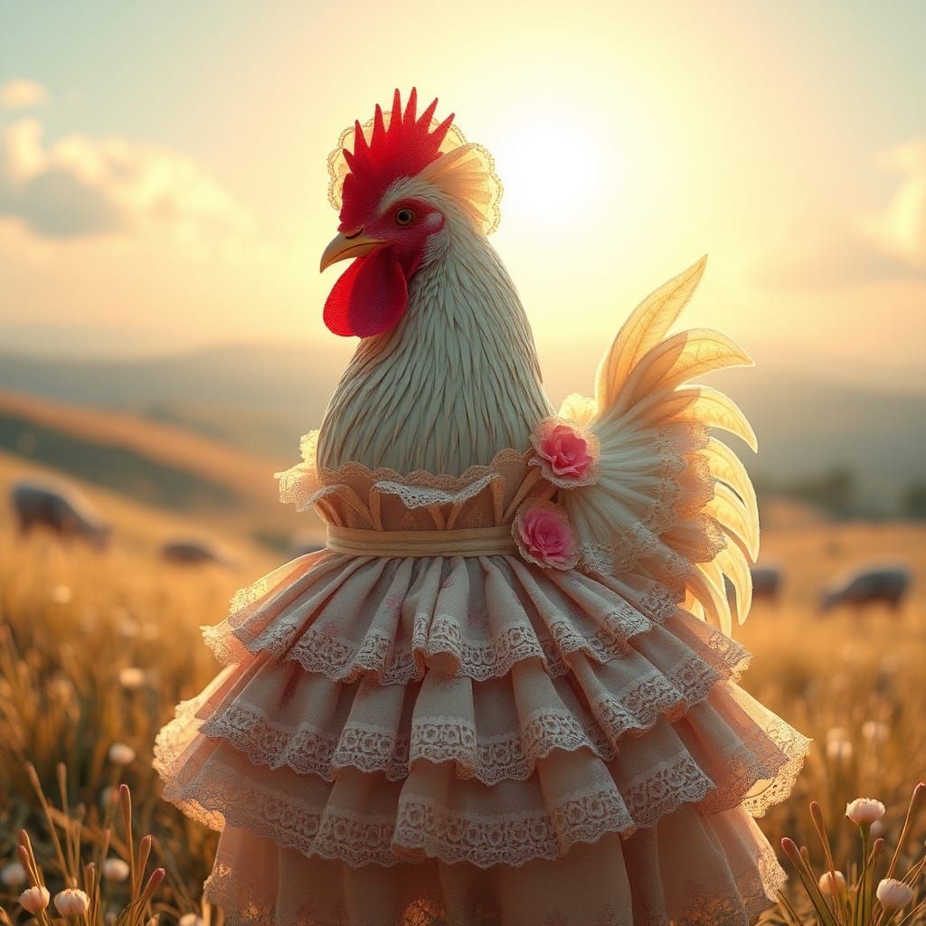 Chicken in Prairie Dress: Whimsical Fantasy Art