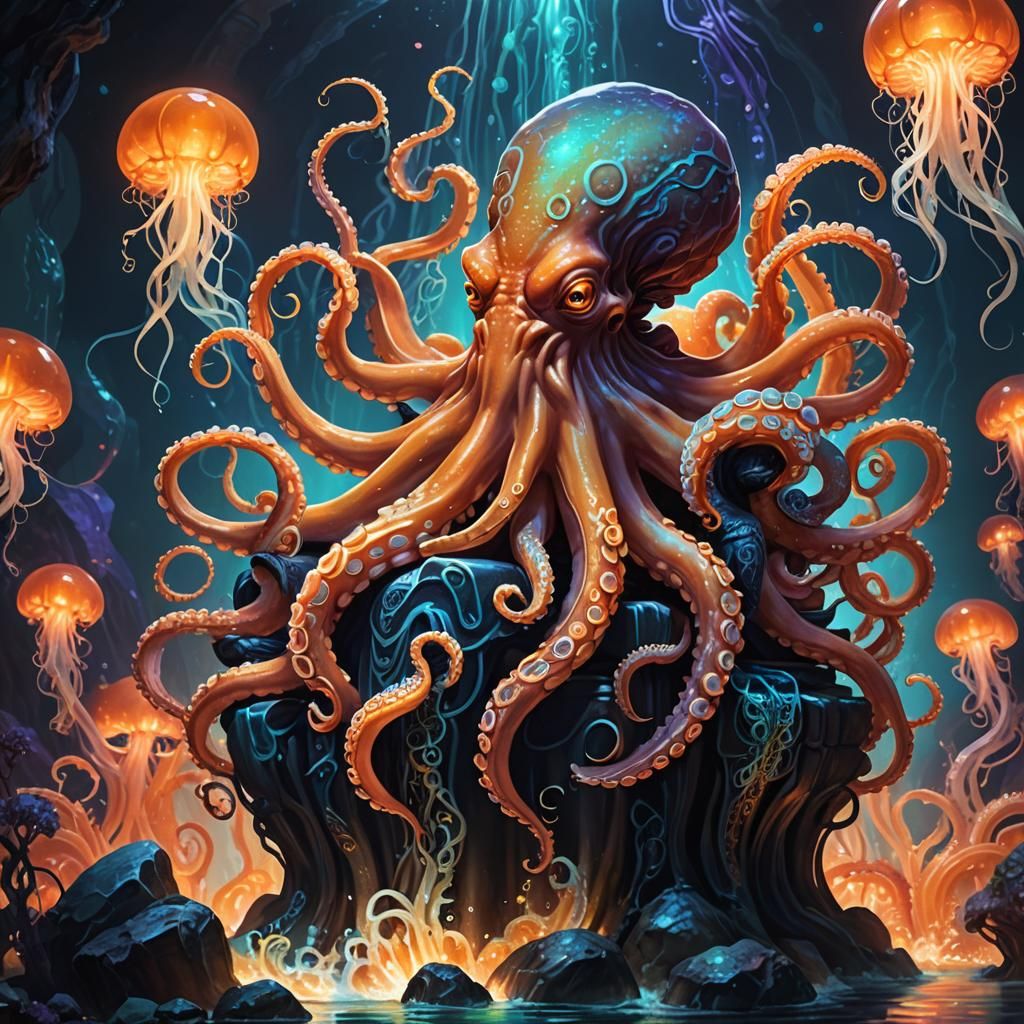 Ethereal Octopus God in Bioluminescent Grotto