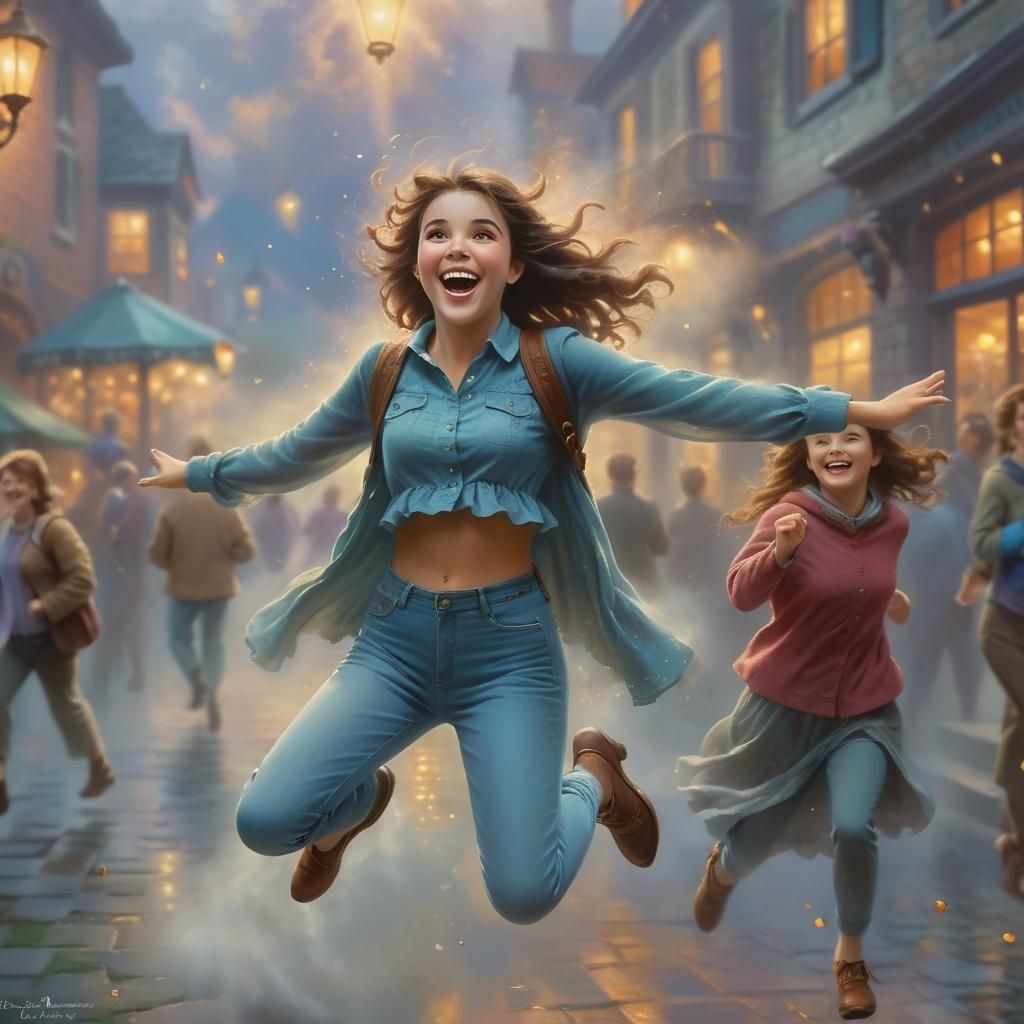 Happy Woman Jumps in Ethereal Fantasy Landscape