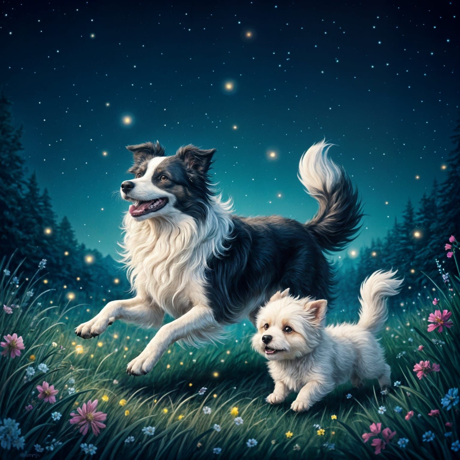 Dogs Chasing Fireflies at Night as Oil Painting