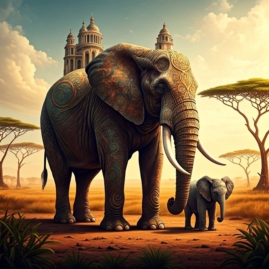 Elephant Matriarch in Art Nouveau Savannah Landscape