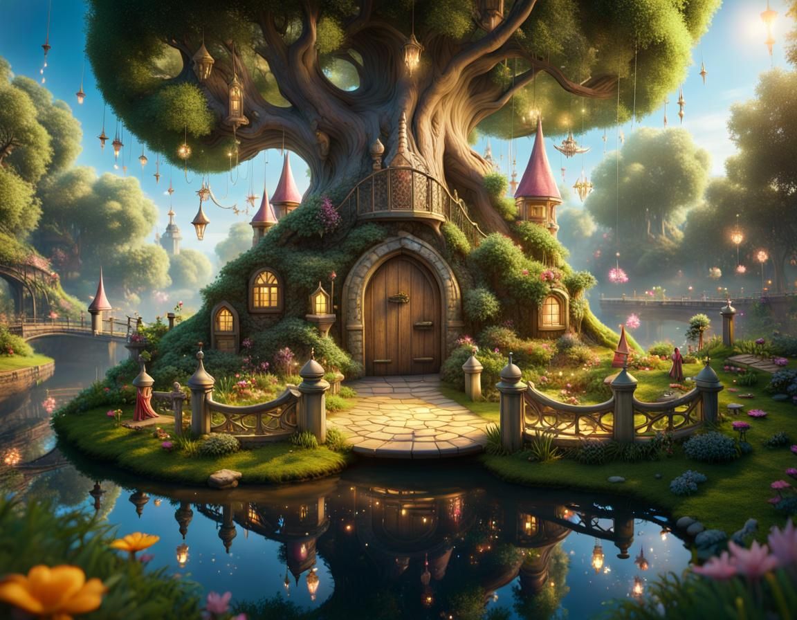 Enchanting Fairy Kingdom at the Base of a Tree