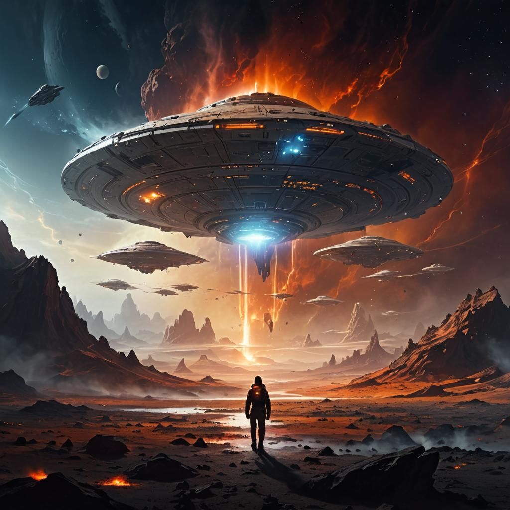 Alien Landscape with Futuristic Spacecraft, Syd Mead Style