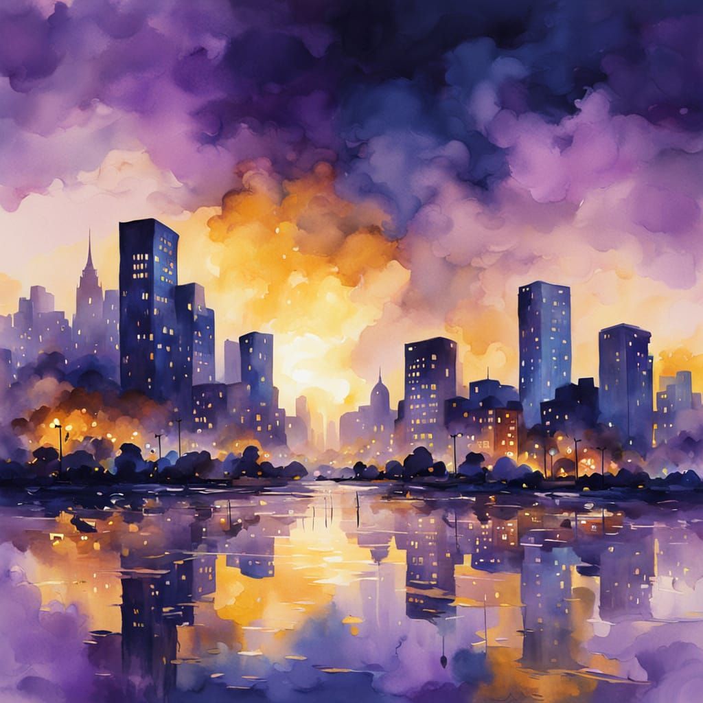 Vibrant Cityscape Painting with Golden Light Reflections