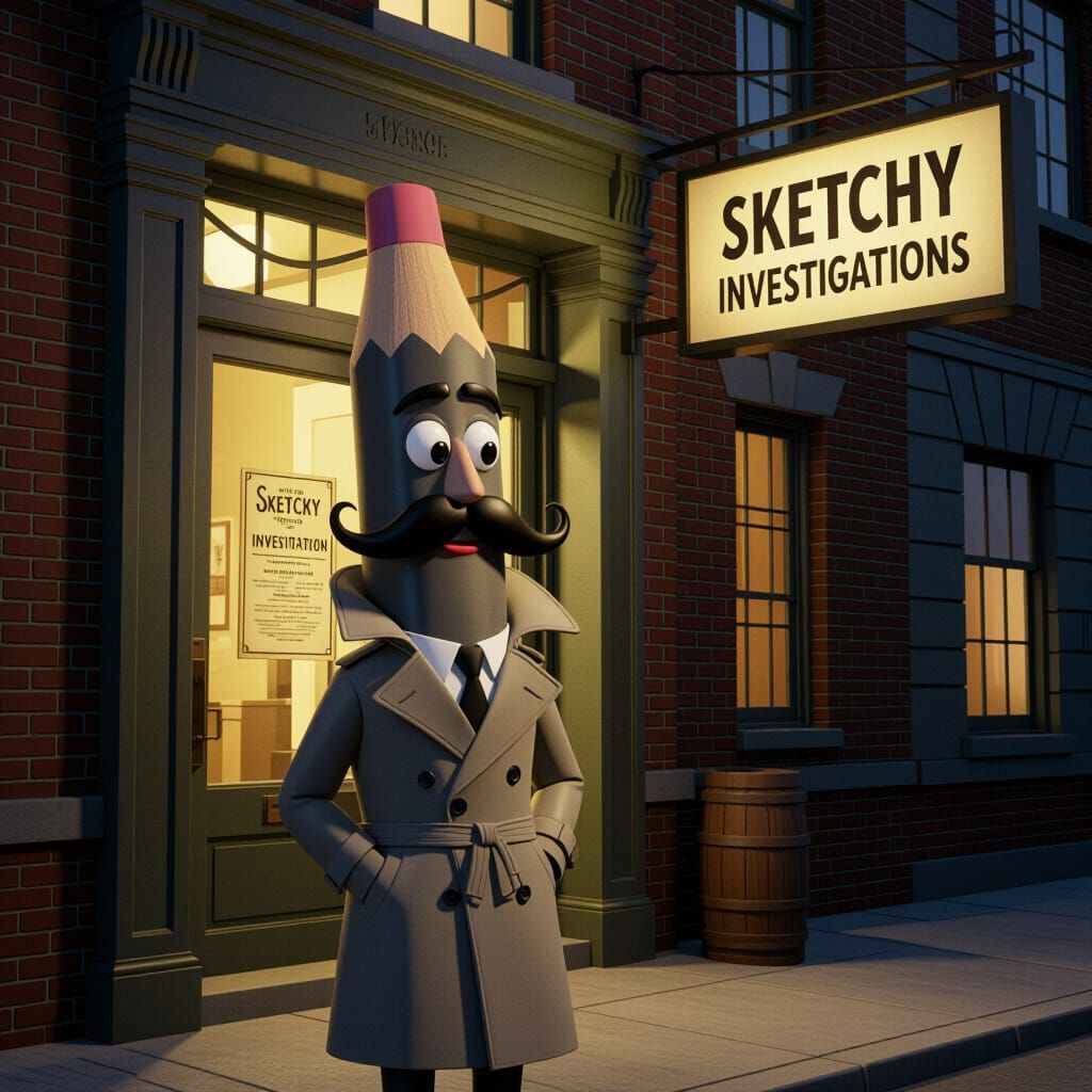 Trench-Coated Pencil Detective in Film Noir Style