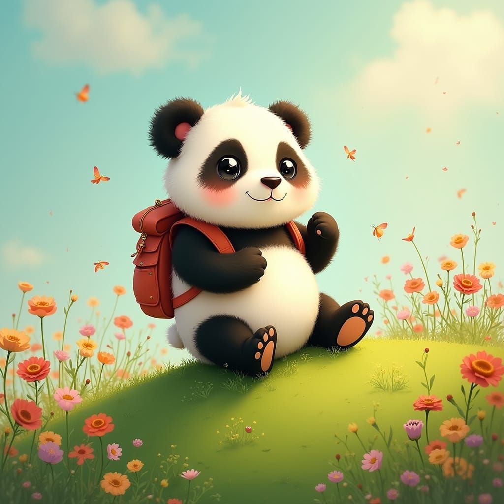 Chubby Panda Bear Rolls Down a Vibrant Hill in Whimsical Sty...
