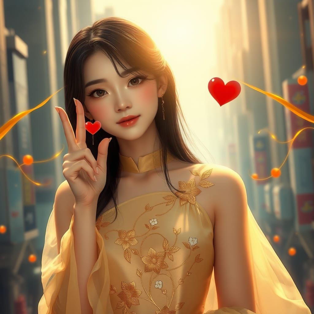 Beautiful Japanese Woman with Golden Dress in Cityscape