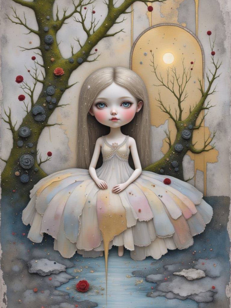 Ethereal Porcelain Doll in a Forgotten Garden