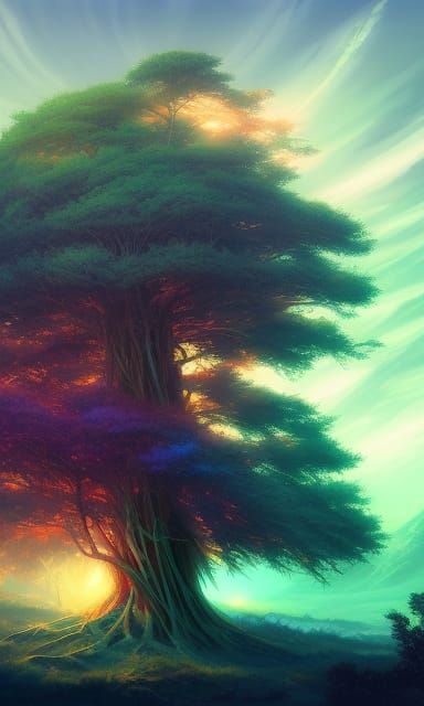 Ethereal Cypress Tree with God Rays