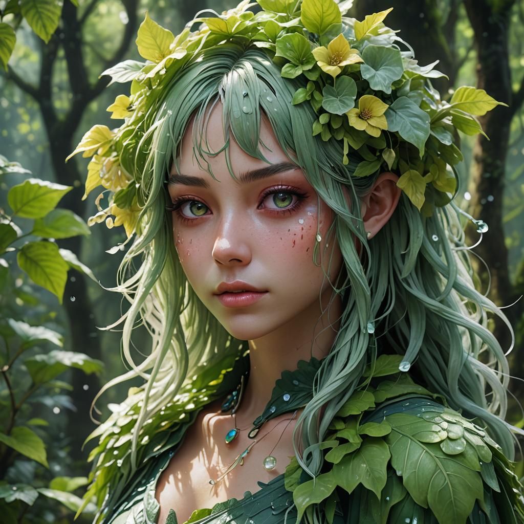 Diphylleia Monster Girl in Lush Forest, Anime Art