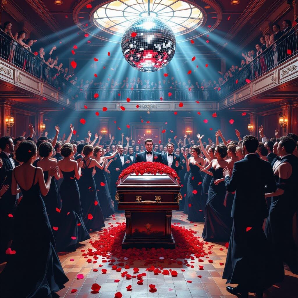 Joyful Funeral Celebration with Dancing Crowd in Futuristic ...