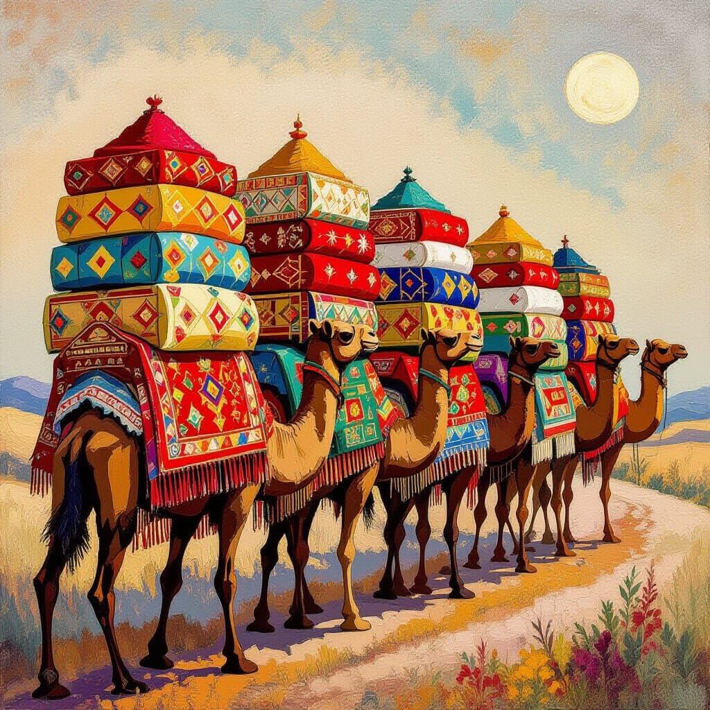 Camels Laden with Spices, Silk, and Rugs in Abstract Art Sty...