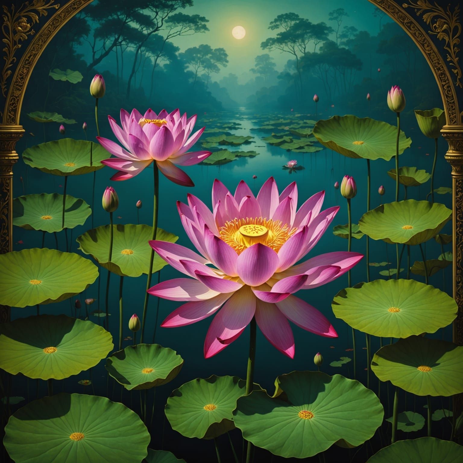 Jewel-Toned Lotus Flower, Detailed Botanical Painting