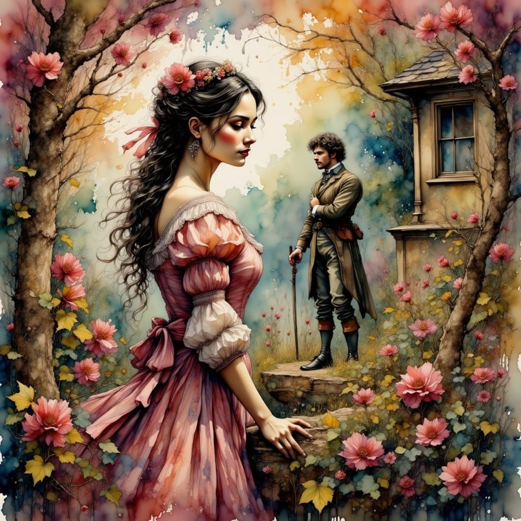 Scarlett O'Hara in Ruins, Gothic Romantic Watercolor