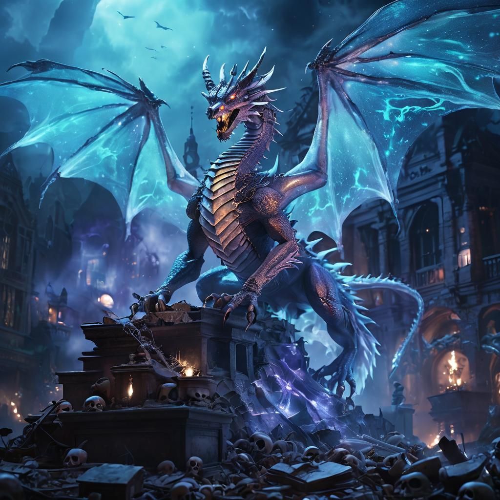 Ethereal Dragon on Ruins in Surrealist Style