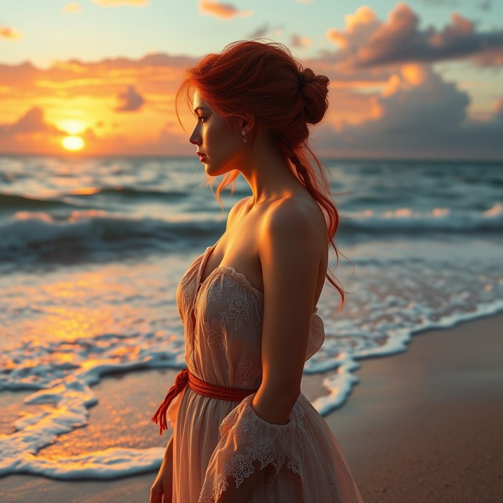 Sultry Sunset Goddess Beside the Ocean