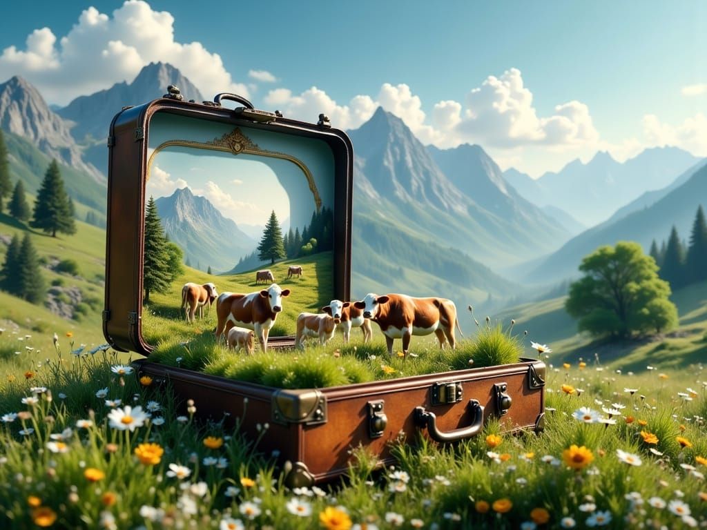 Miniature Cow Herd Diorama in Suitcase Acrylic Airbrush Art