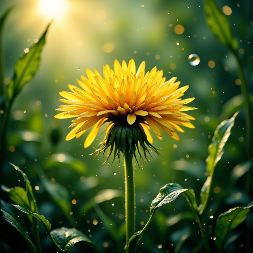 Dandelion in Raindrop: Watercolor Summer Scene