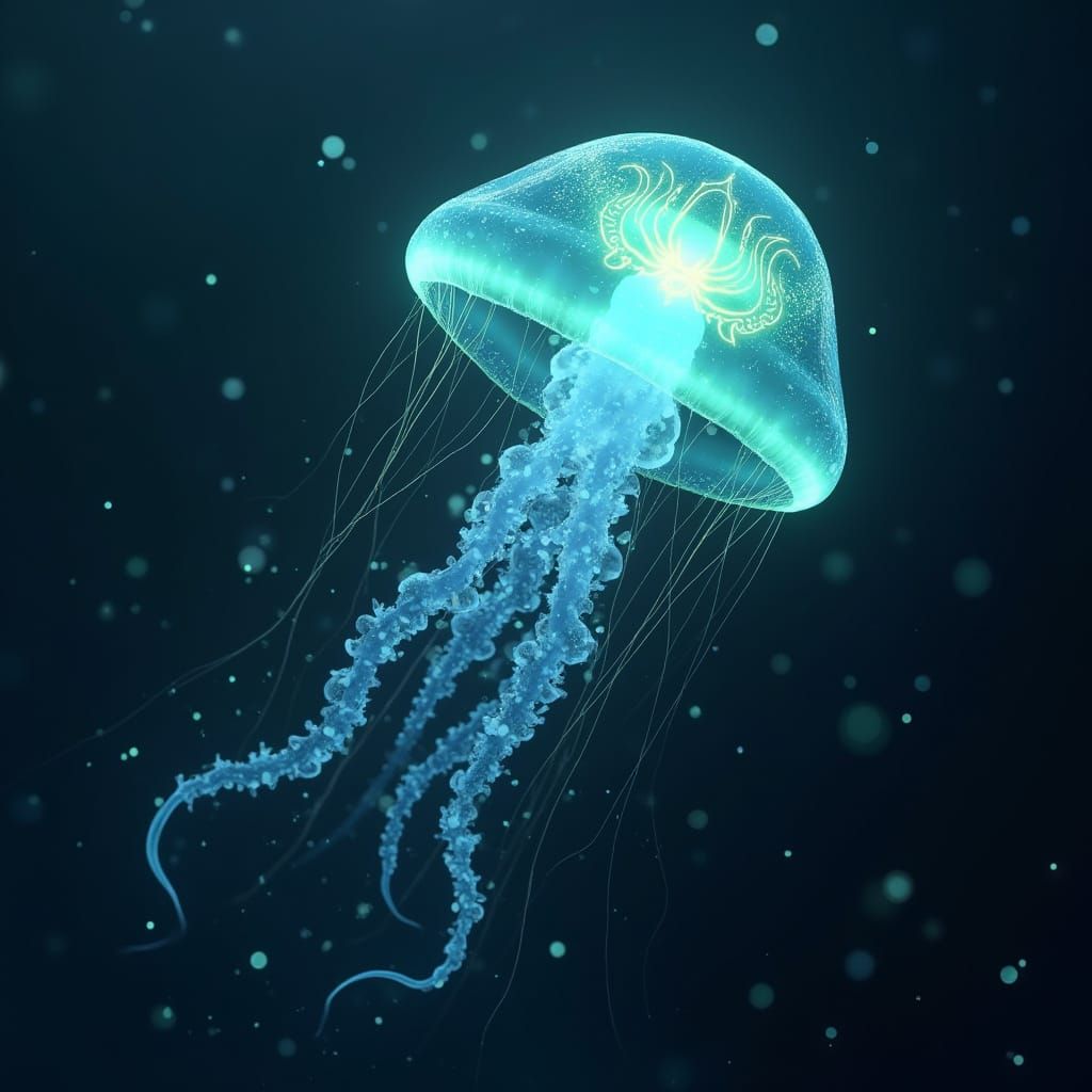 Bioluminescent Jellyfish Drifting in Alien Ocean