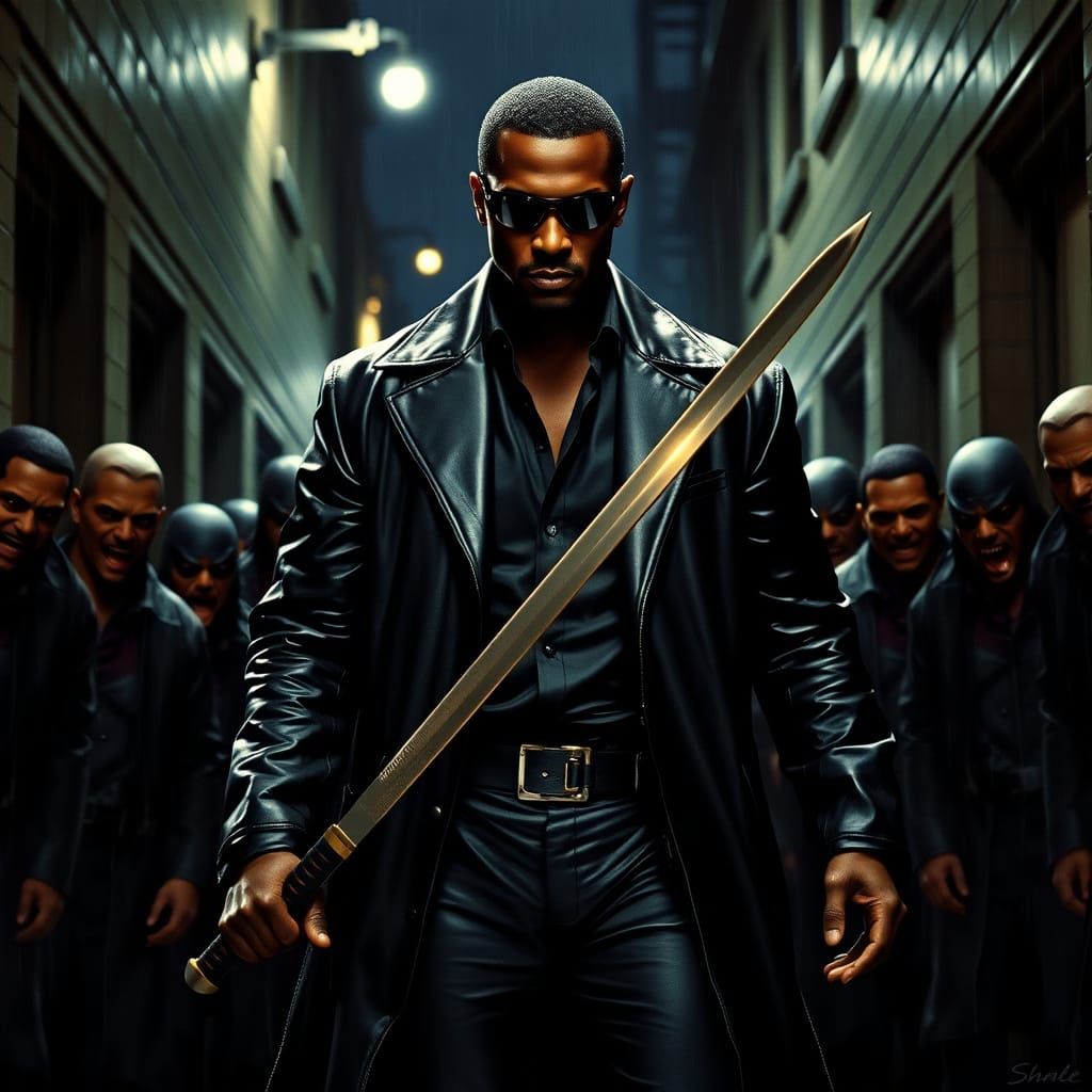 Blade Confronts Vampires in Rain-Soaked Alleyway