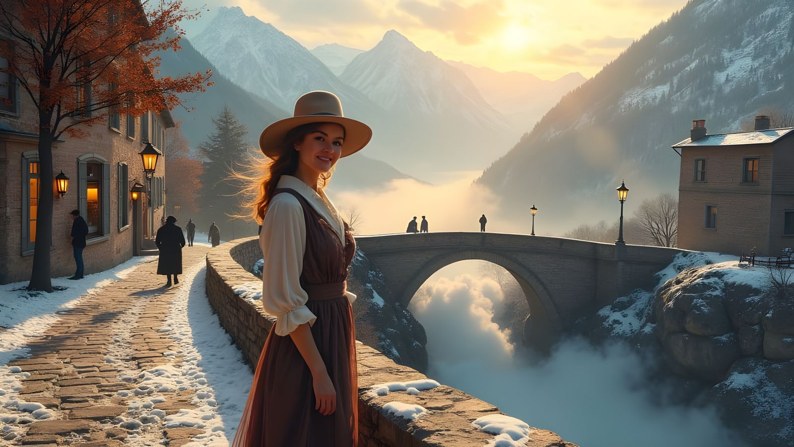 Victorian Woman at Golden Hour Waterfall