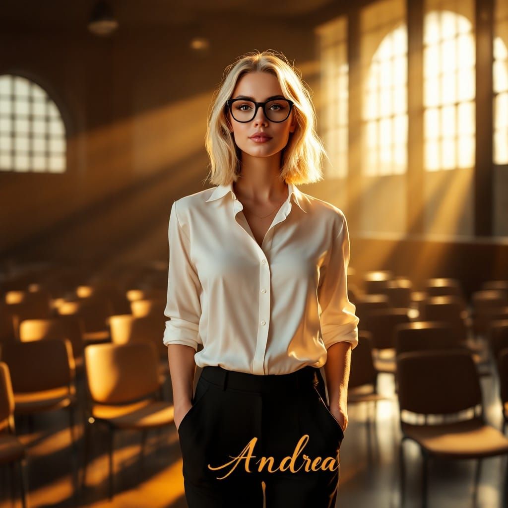 Confident Woman at Futuristic Podium in Warm Golden Light