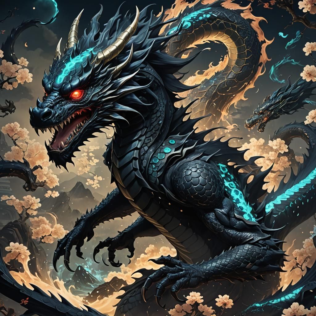 Dark Synth Ukiyo-e Dragon with Bioluminescent Scales