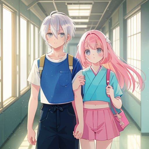 Vibrant Teen Couple in Pastel Colors, Moe Anime Style