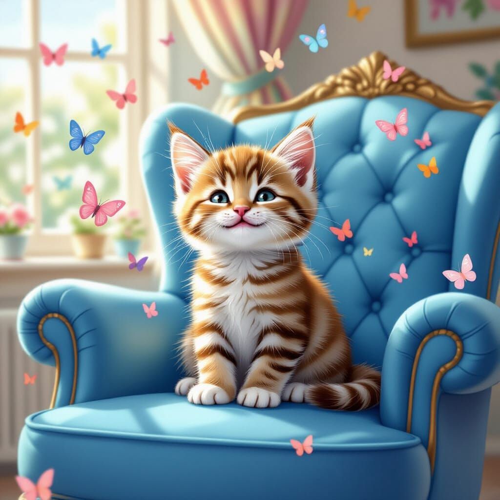Cute Tabby Kitten Smiling on Armchair with Butterflies