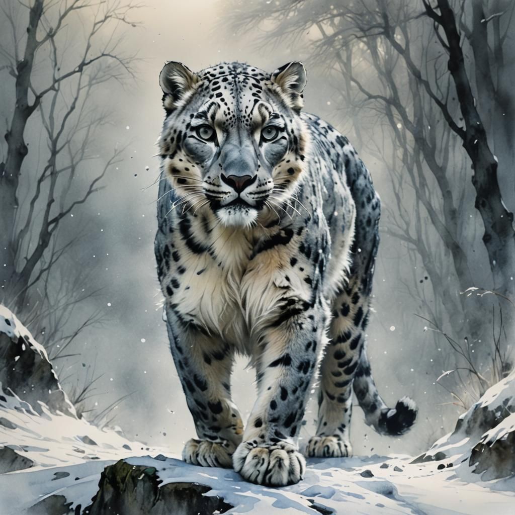 Watercolor Snow Leopard in Mist Illustration