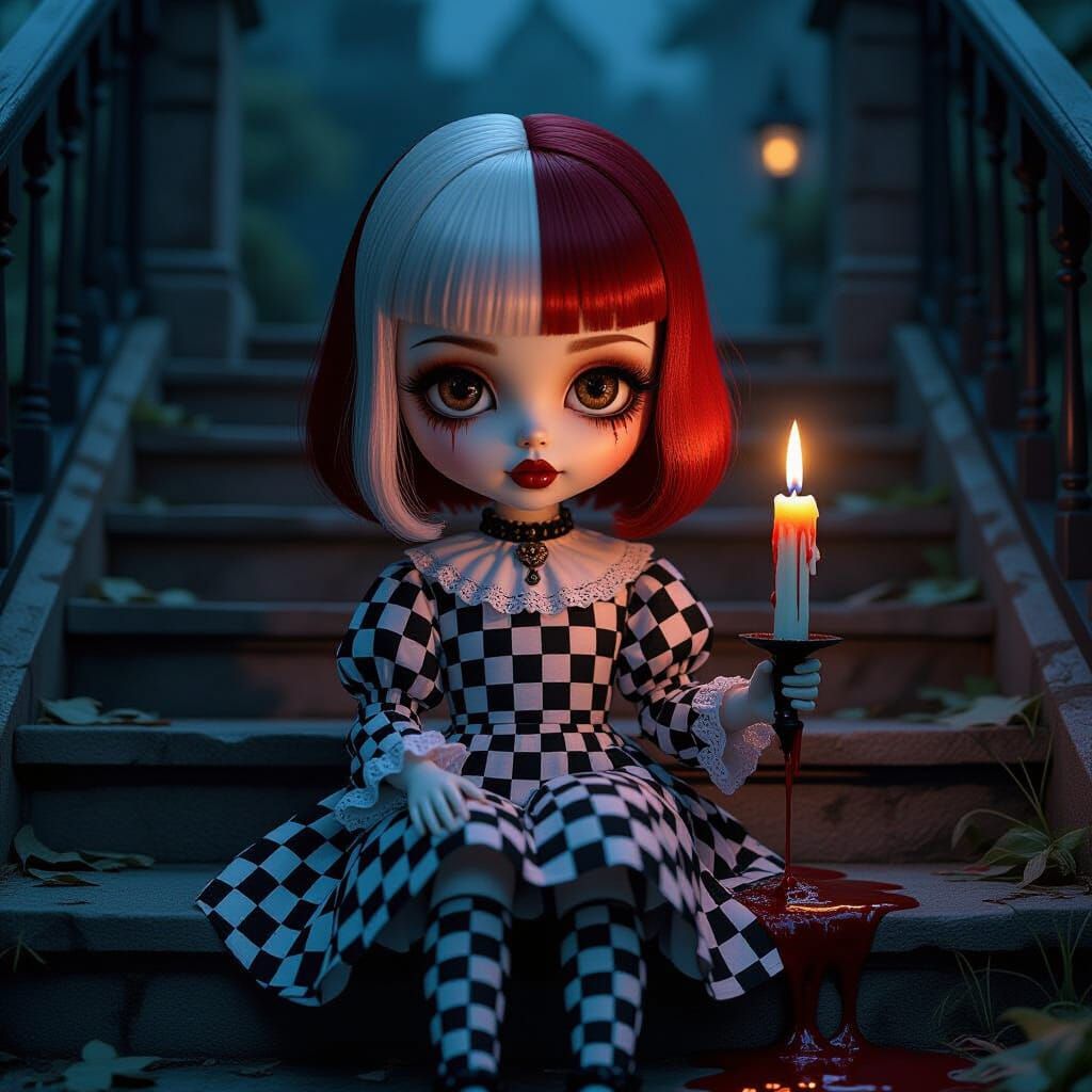 Gothic Doll with Split Hair on Misty Church Steps