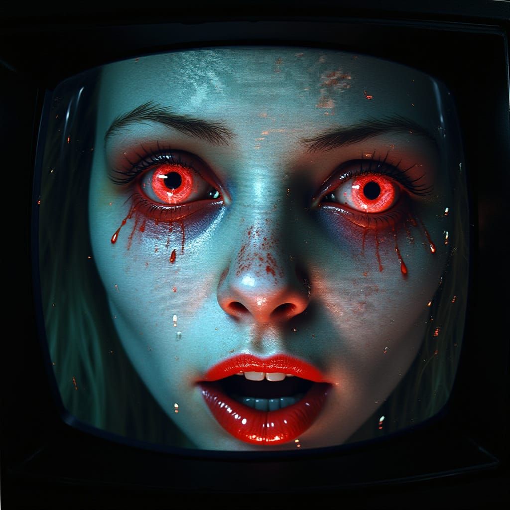 Distorted Face on Fractured TV Screen