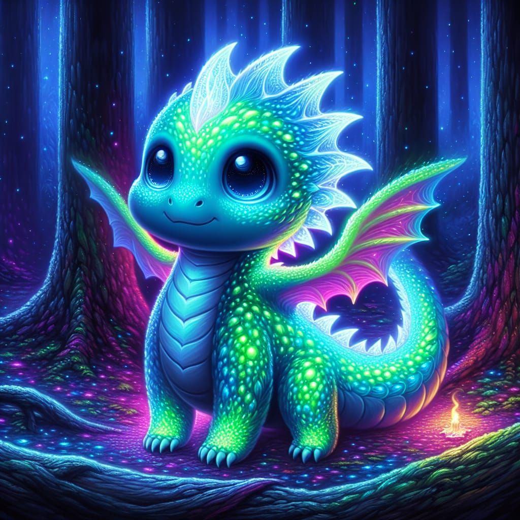 Whimsical Oil Painting of a Bioluminescent Dragon in a Dark ...